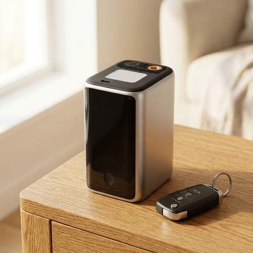 The JumpAir Pro on a wooden side table in morning light, car key beside it for scale